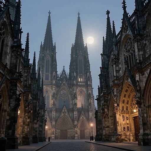 Photograph of a Gothic cathedral at twilight, with moonlit spires, intricate stone carvings, and warm interior lights, creating a dramatic,