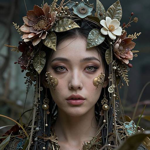 Photograph of a young Asian woman with pale skin, wearing a detailed, nature-inspired crown with metallic flowers and leaves, set against a dark, blurred