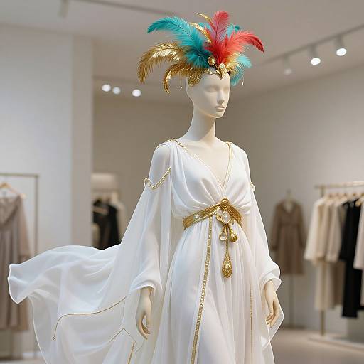 Photograph of a white mannequin in a white, flowing Greek-inspired dress with gold accents, wearing a vibrant feathered headpiece, in a