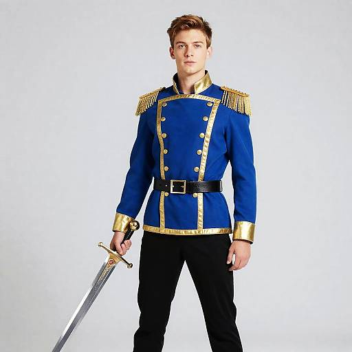 Photograph of a young man in a blue military-style jacket with gold epaulettes, black pants, and a sword in his right hand,