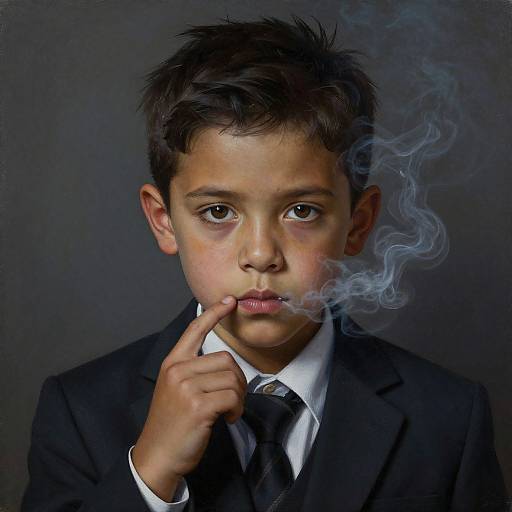 Photograph of a young boy with short, dark hair, wearing a black suit and tie, smoking a cigarette, with blue-gray smoke curling around