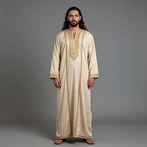 Photograph of a middle-aged man with long black hair and beard, wearing a cream-colored, gold-embroidered traditional long tunic, standing