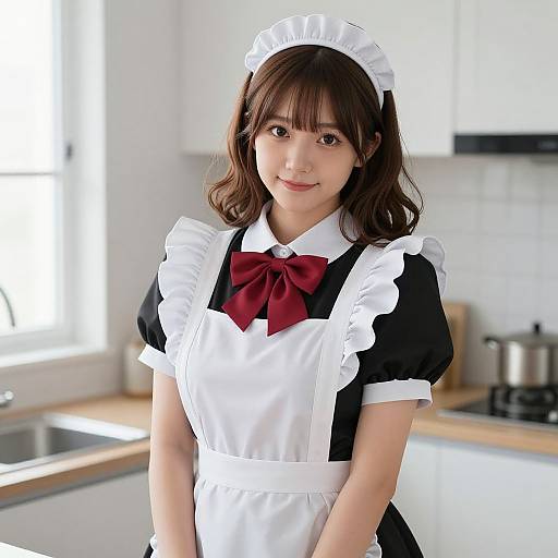 Photograph of an Asian woman with wavy brown hair, wearing a black and white maid outfit with a red bow, standing in a bright, modern