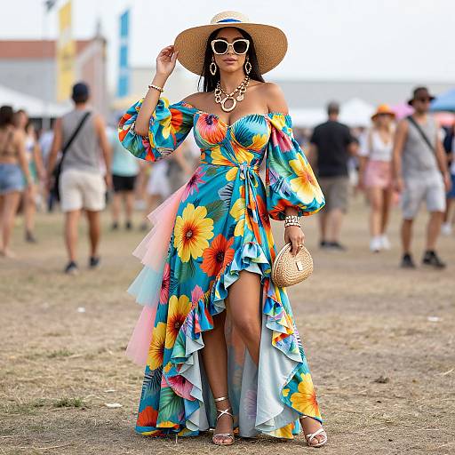 Photograph of a stylish woman in a colorful floral off-shoulder dress, wide-brimmed hat, sunglasses, statement necklace, and sandals,