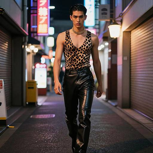 Photograph of a muscular man with slicked-back hair, wearing a leopard print tank top and black shiny leather pants, walking down a neon-lit