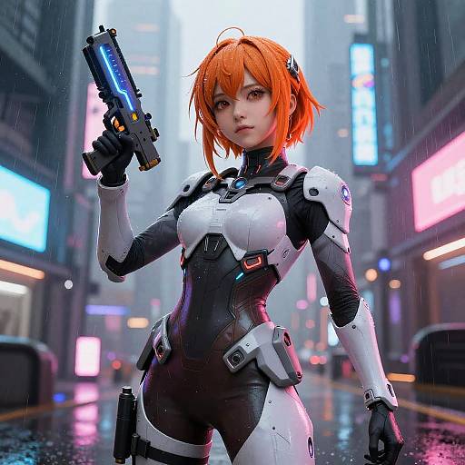 Cyberpunk city street at night, rain, orange-haired woman in white and black futuristic armor, holding blue-lit gun, neon lights in background