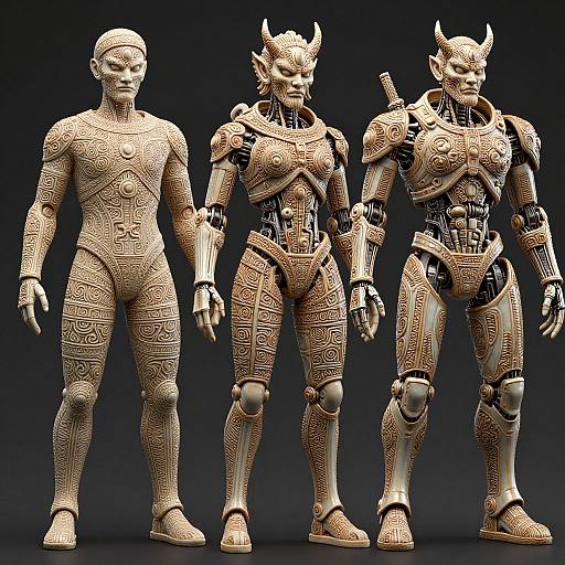 Photorealistic CGI of three humanoid figures: a plain human, and two ornate, armored, horned warriors with intricate geometric patterns. Dark gradient
