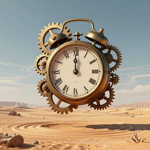 Steampunk-style alarm clock with gears floating in a desert under a clear blue sky, with swirling sand patterns below.