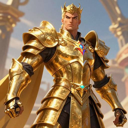 CGI image of a muscular, blonde man in golden knight armor with a crown, wearing a Russian flag on his chest, standing in a sunlit