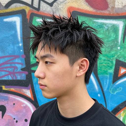 Photograph of an Asian teenage boy with spiky black hair, black shirt, and subtle ear piercings, standing against colorful graffiti wall.