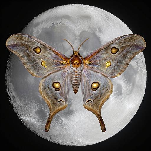 Digital illustration of a moth with orange and yellow eyes, brown and white wings, and intricate patterns, centered against a full moon in a dark sky.