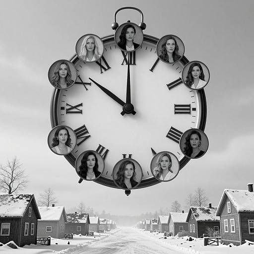 Photograph of a large, black, vintage clock face with six circular portraits of smiling women, set against a snowy suburban background.