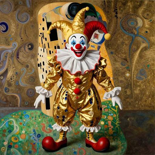 Vibrant clown in gold, sequined outfit with red heart, white ruffled collar, red shoes, and blue-and-red hat stands before a