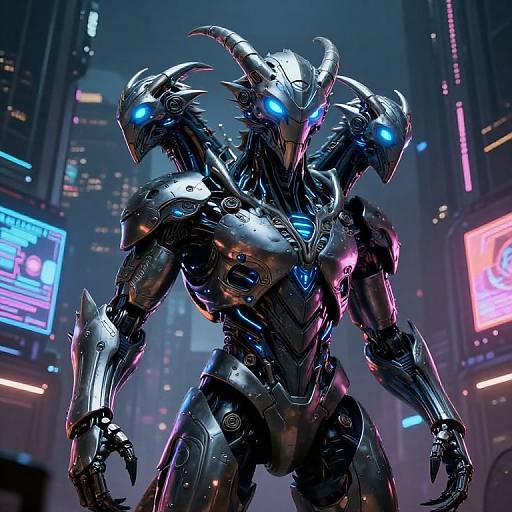 Cybernetic, horned, three-headed robot with glowing blue eyes, standing in a neon-lit, futuristic cityscape. High-tech,