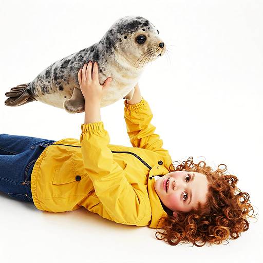 Lively Curly-Haired Child with Plush Seal