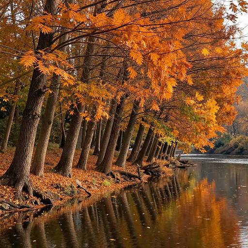 Photograph of a serene autumn forest with vibrant orange leaves, tall trees, and a reflective calm river, capturing the seasonal beauty.