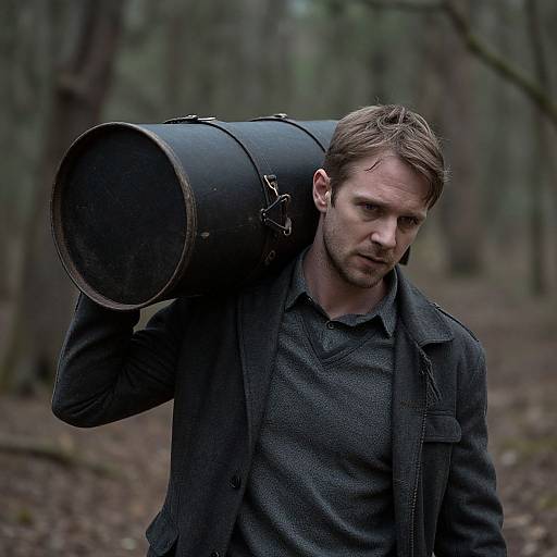 Photograph of a serious, brown-haired man in a dark jacket and gray shirt, carrying a large black pipe on his back in a blurred, forest