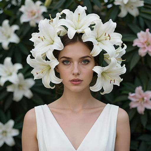 Photograph of a fair-skinned woman with green eyes, wearing a white sleeveless dress, adorned with a crown of white lilies, standing against