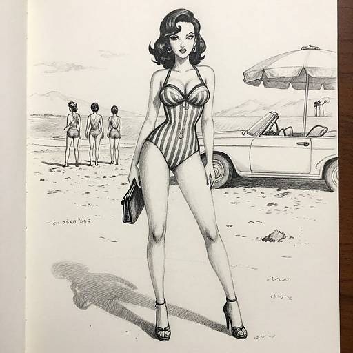 Black-and-white ink drawing of a curvy, dark-haired woman in a striped one-piece swimsuit, high heels, and clutch, standing on a