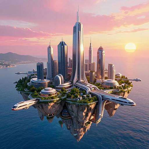 Photorealistic CGI of a futuristic, floating city with towering skyscrapers, curved roads, and a sleek white aircraft docked, reflecting in calm