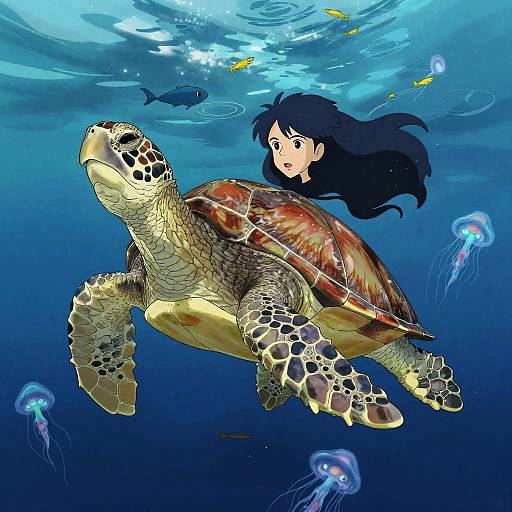 Anime-style illustration of a young girl with long black hair swimming underwater beside a large sea turtle, surrounded by jellyfish and small yellow fish.