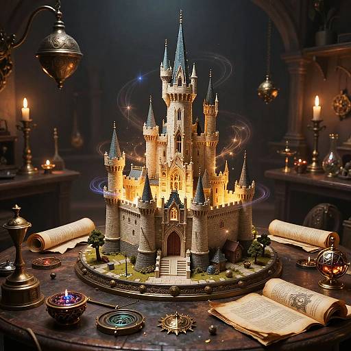 Photograph of a glowing, detailed fantasy castle with blue-tipped spires, surrounded by candles, ancient scrolls, magical orbs, and brass instruments in
