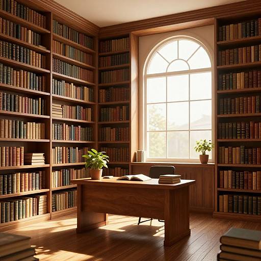 Photograph of a sunlit, wooden-paneled library with tall bookshelves, a wooden desk, two potted plants, and an arched