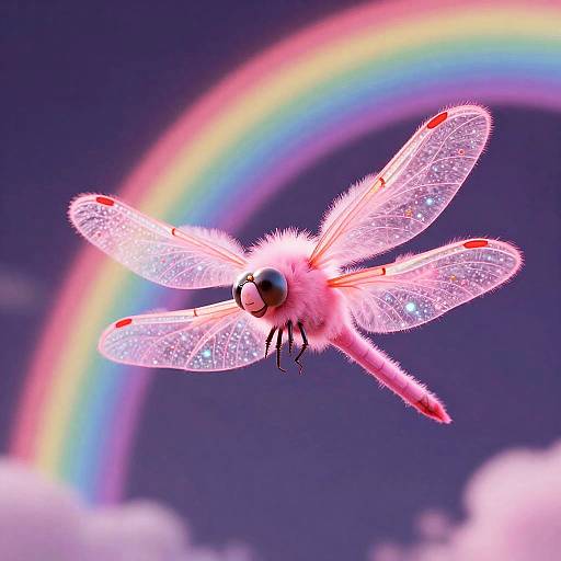 Pink Fluffy Dragonfly Over Rainbows