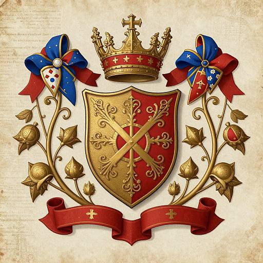 Digital illustration of a regal coat of arms with a gold crown, red shield with golden cross, floral patterns, flanked by blue and red rib