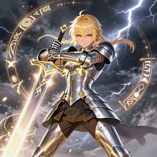 Digital anime-style illustration of a blonde female knight with glowing armor, wielding a radiant sword, surrounded by magical runes and lightning.