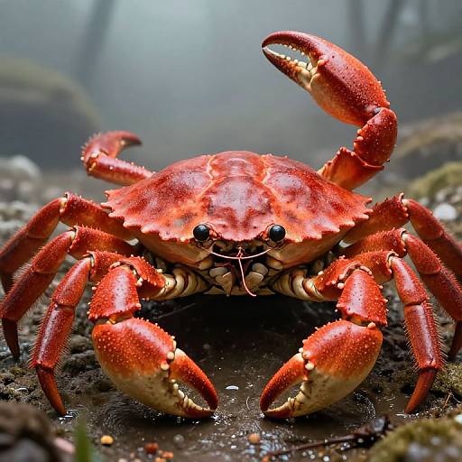 Photograph of a vibrant red crab with detailed textures, sharp claws, and black eyes, positioned on a rocky, mossy ocean floor.