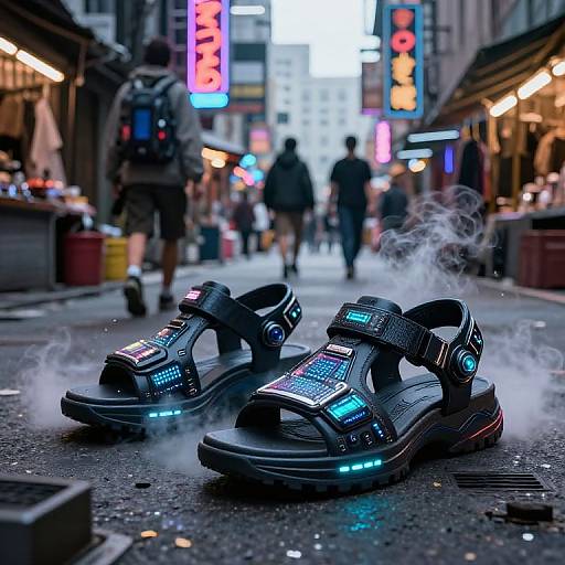 Photograph of neon-lit, futuristic black sandals with glowing blue and pink lights, emitting smoke, on a bustling urban street at night, with blurred