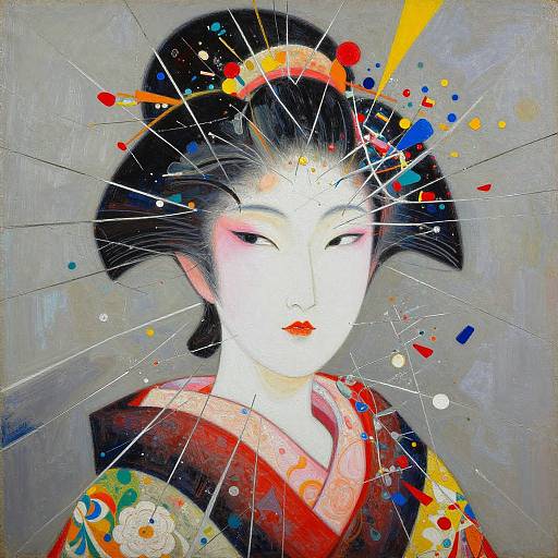 Abstract Japanese Woman in Kimono Oil Painting