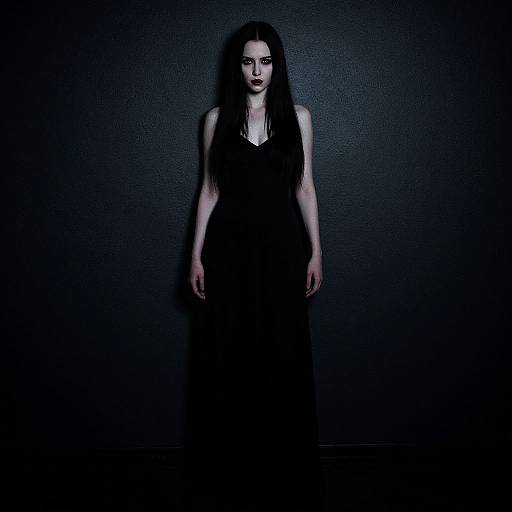 Photograph of a pale, black-haired woman with dark lipstick, wearing a black dress, standing against a textured black wall in dramatic, low-light.