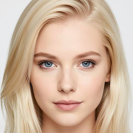 Close-up photograph of a young Caucasian woman with straight, blonde hair, blue eyes, fair skin, and light pink lips, against a white background.