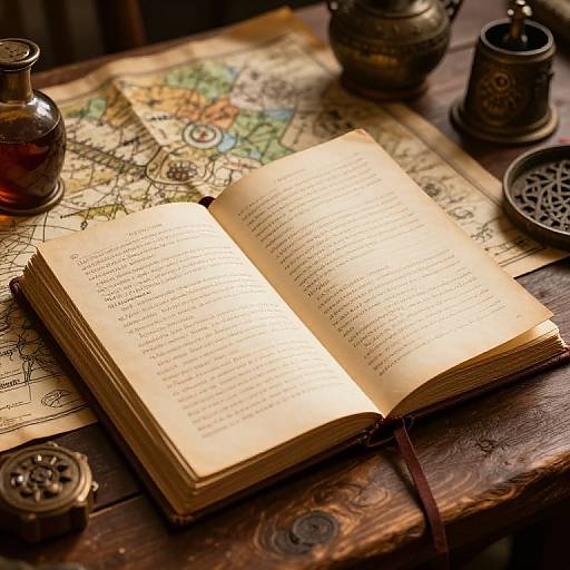 Photograph of an open, yellowed book with black text on a wooden table, surrounded by maps, ornate metal containers, and a small glass