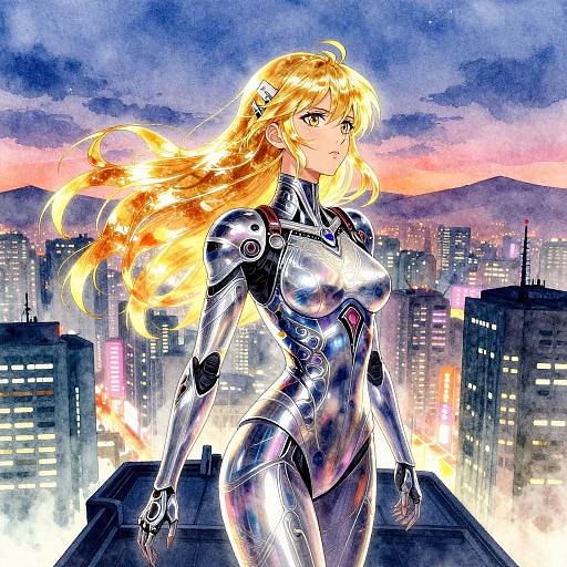 Digital anime-style artwork of a blonde woman in a shiny, form-fitting silver bodysuit standing on a rooftop at sunset, with a cityscape