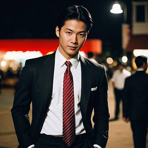 Asian man in formal suit with red tie at night