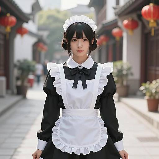 Japanese Maid in Traditional Black and White Outfit
