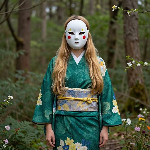 Masked Woman in Green Kimono Forest