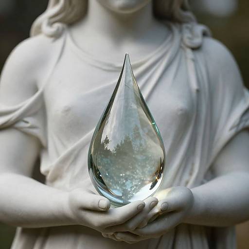 Photograph of a white marble statue holding a large, clear, teardrop-shaped crystal with intricate internal patterns, set against a blurred background.