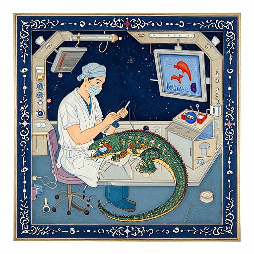 Illustration of a scientist in a lab coat, blue hairnet, and mask, painting a green, multi-patterned lizard in a starry,