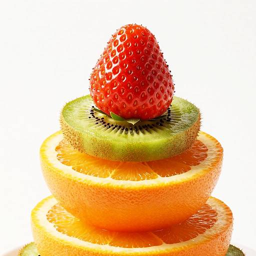 Photograph of a vibrant, layered stack: orange slice, green kiwi slice, and a red, textured strawberry on top against a white background.