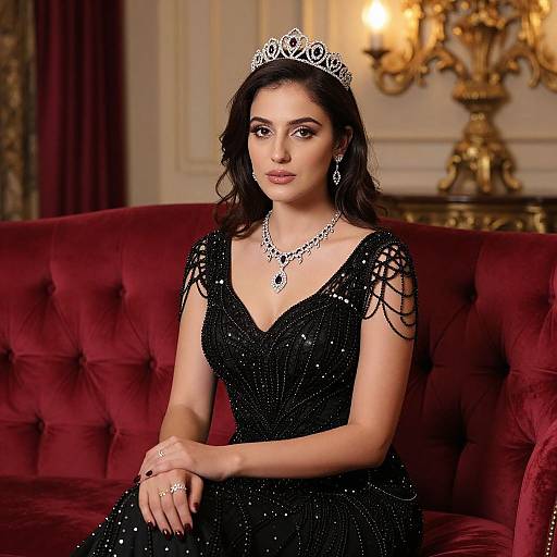 Elegant Woman on Red Velvet Couch