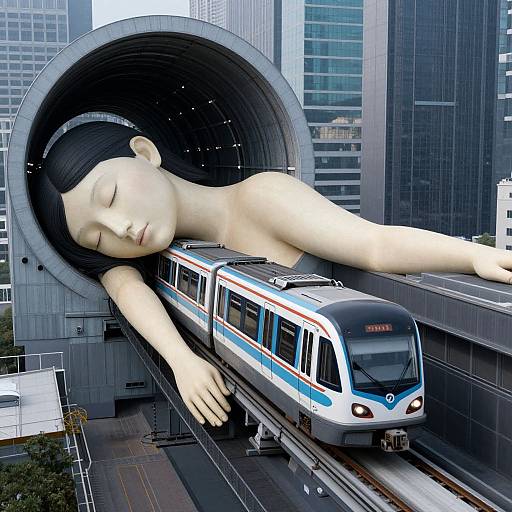 Digital art: Giant nude woman with pale skin and closed eyes lies over a modern subway train in a cityscape, emerging from a large, circular tunnel