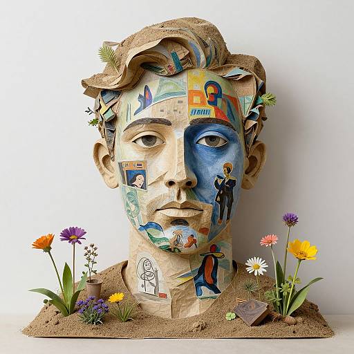 Mixed-media sculpture of a head with colorful, collage-style face, surrounded by flowers and small objects on sandy base.