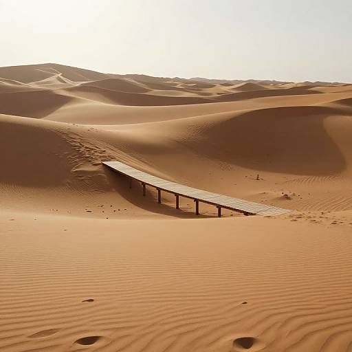 Photograph of a sunlit desert with golden-orange sand dunes, featuring a wooden plank bridge running diagonally across the foreground.