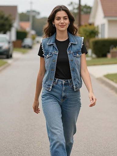 Young Woman in Denim Vest Walking on Suburban Street