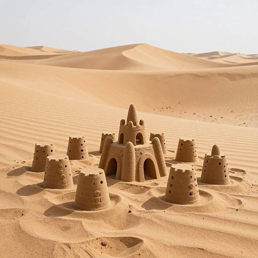 Photograph of a sandcastle with six cylindrical towers and a central arch-topped structure, set in a sunlit desert with undulating sand dunes