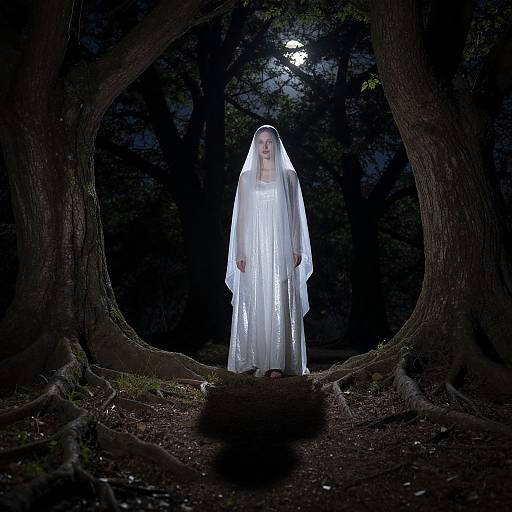 Photograph of a pale-skinned woman in a glowing white, long-sleeved dress and veil, standing in a dark forest with large trees framing